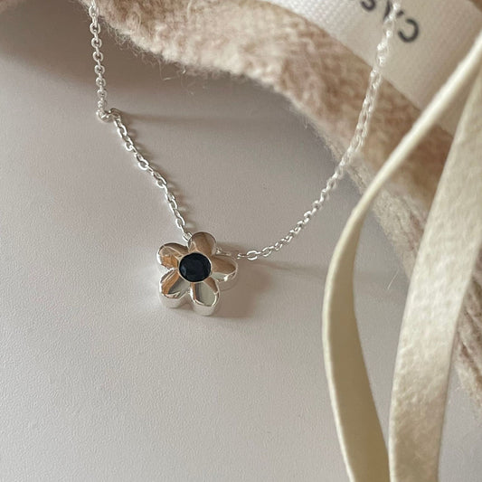 Cute Black CZ Mini Flower 925 Sterling Silver Necklace