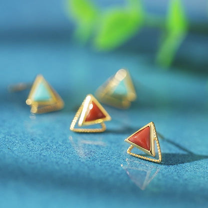 Geometry Natural Agate/Turquoise Double Triangle 925 Sterling Silver Stud Earrings