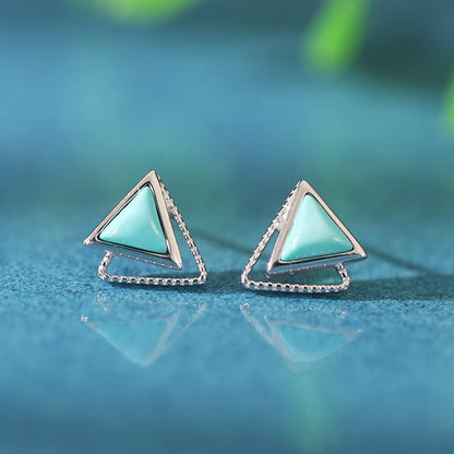 Geometry Natural Agate/Turquoise Double Triangle 925 Sterling Silver Stud Earrings