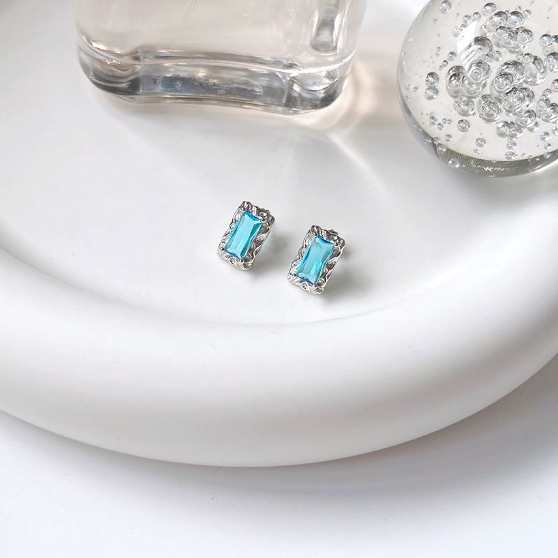 Geometry Blue CZ Rectangle 925 Sterling Silver Stud Earrings