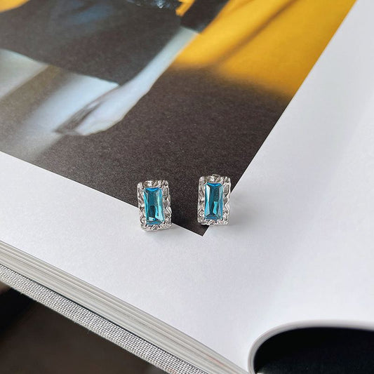 Geometry Blue CZ Rectangle 925 Sterling Silver Stud Earrings