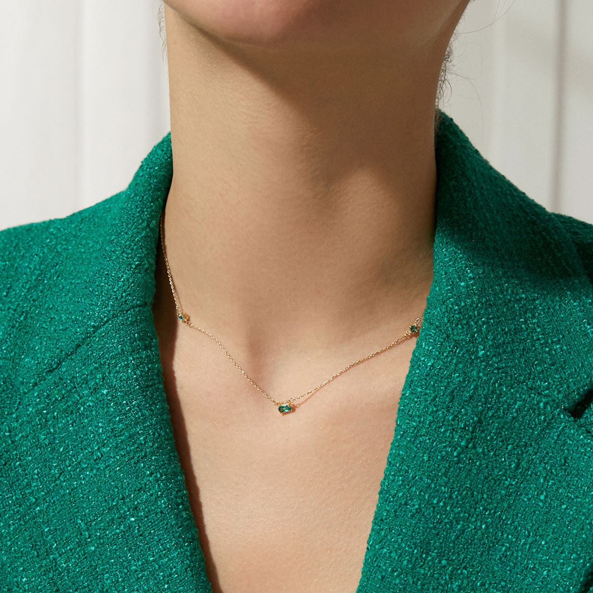 Elegant Created Olive Emerald Rectangle Sterling Silver Necklace