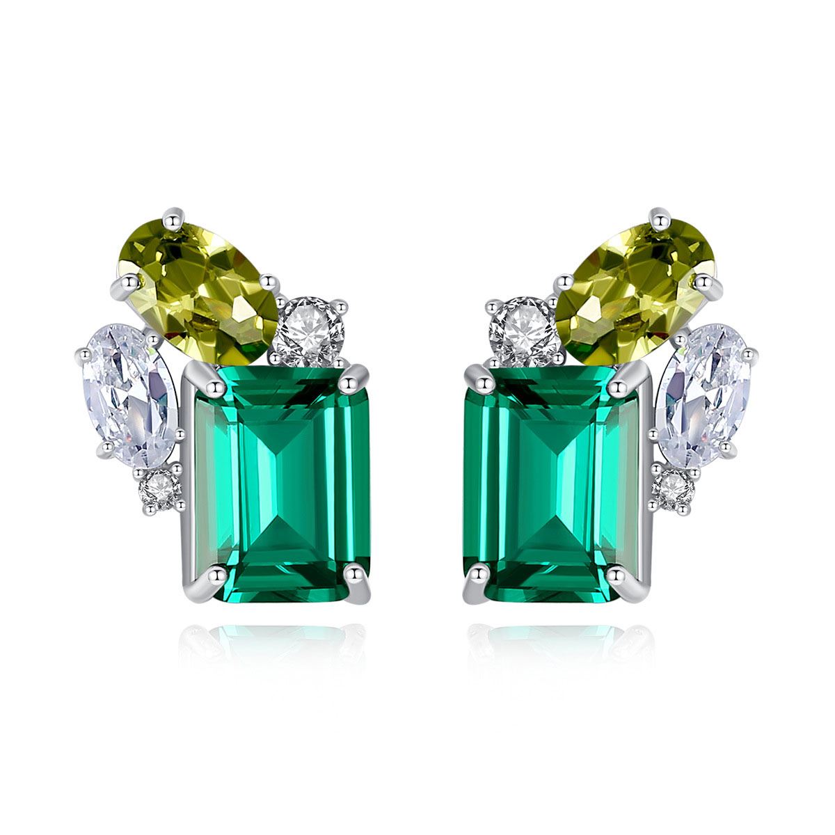 Elegant Green CZ Geometry Rectangle 925 Sterling Silver Stud Earrings