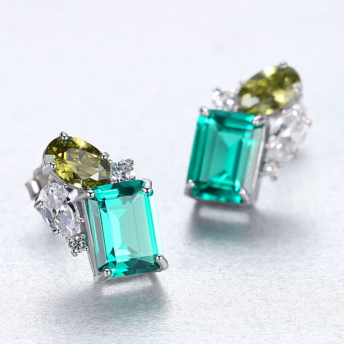 Elegant Green CZ Geometry Rectangle 925 Sterling Silver Stud Earrings