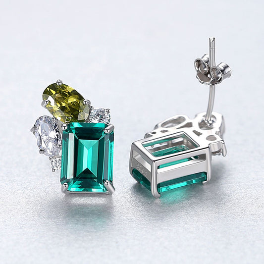 Elegant Green CZ Geometry Rectangle 925 Sterling Silver Stud Earrings